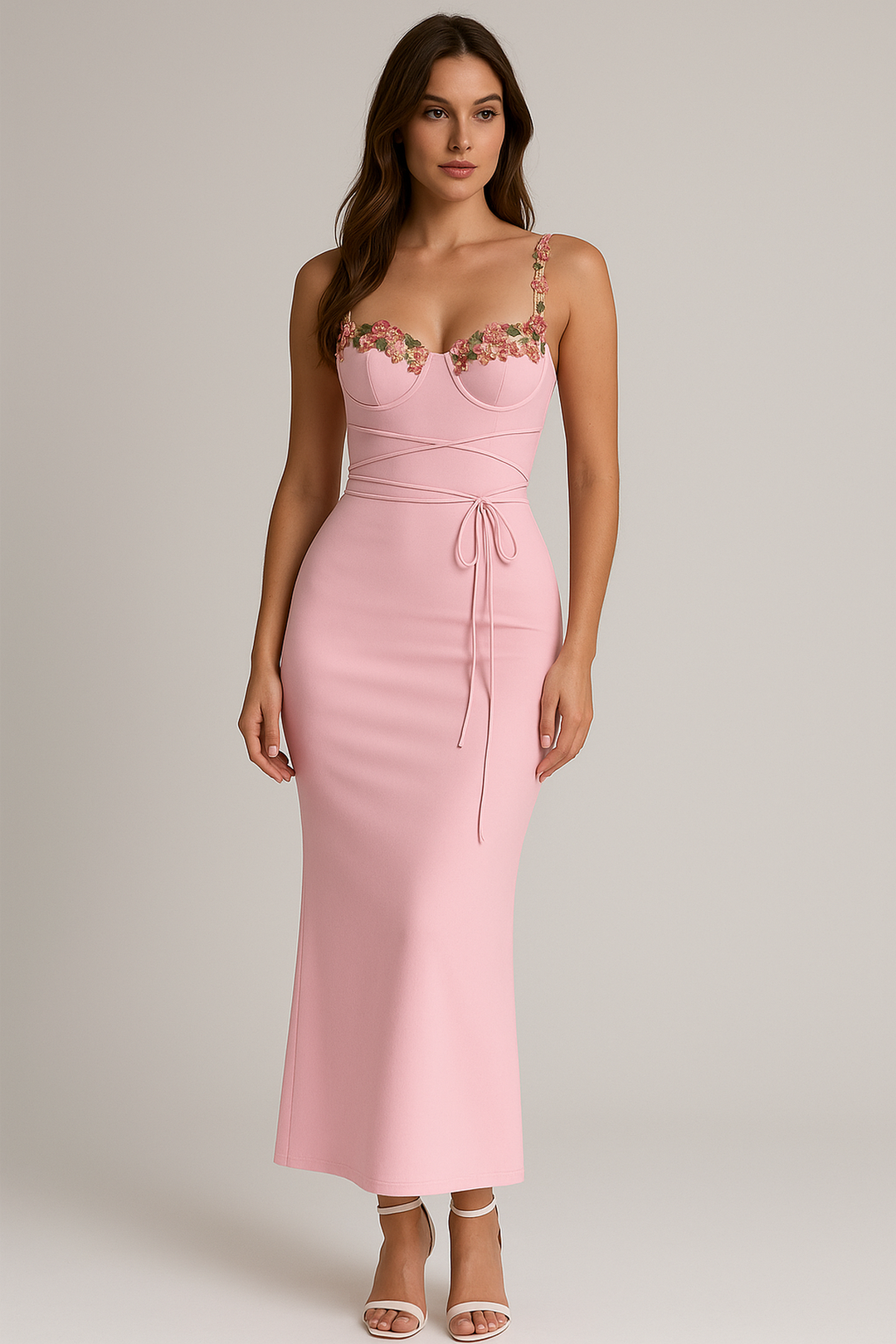 Clarté Floral Appliqué Bodycon Maxi Dress | Spaghetti Straps | Wrap Waist