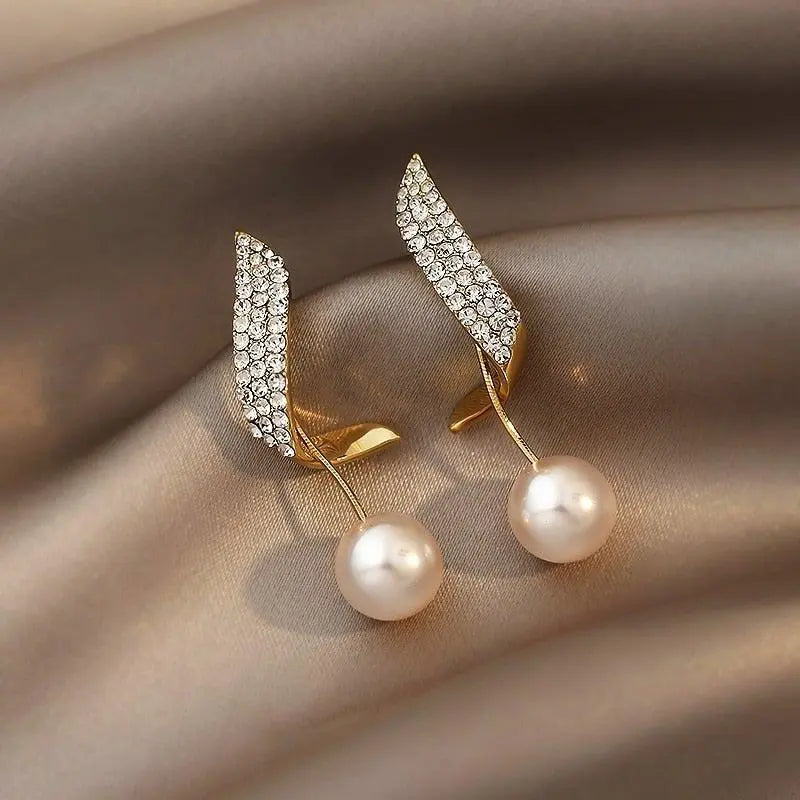 Lueur Pearl Drop Earrings | Crystal Paved Gold Tone