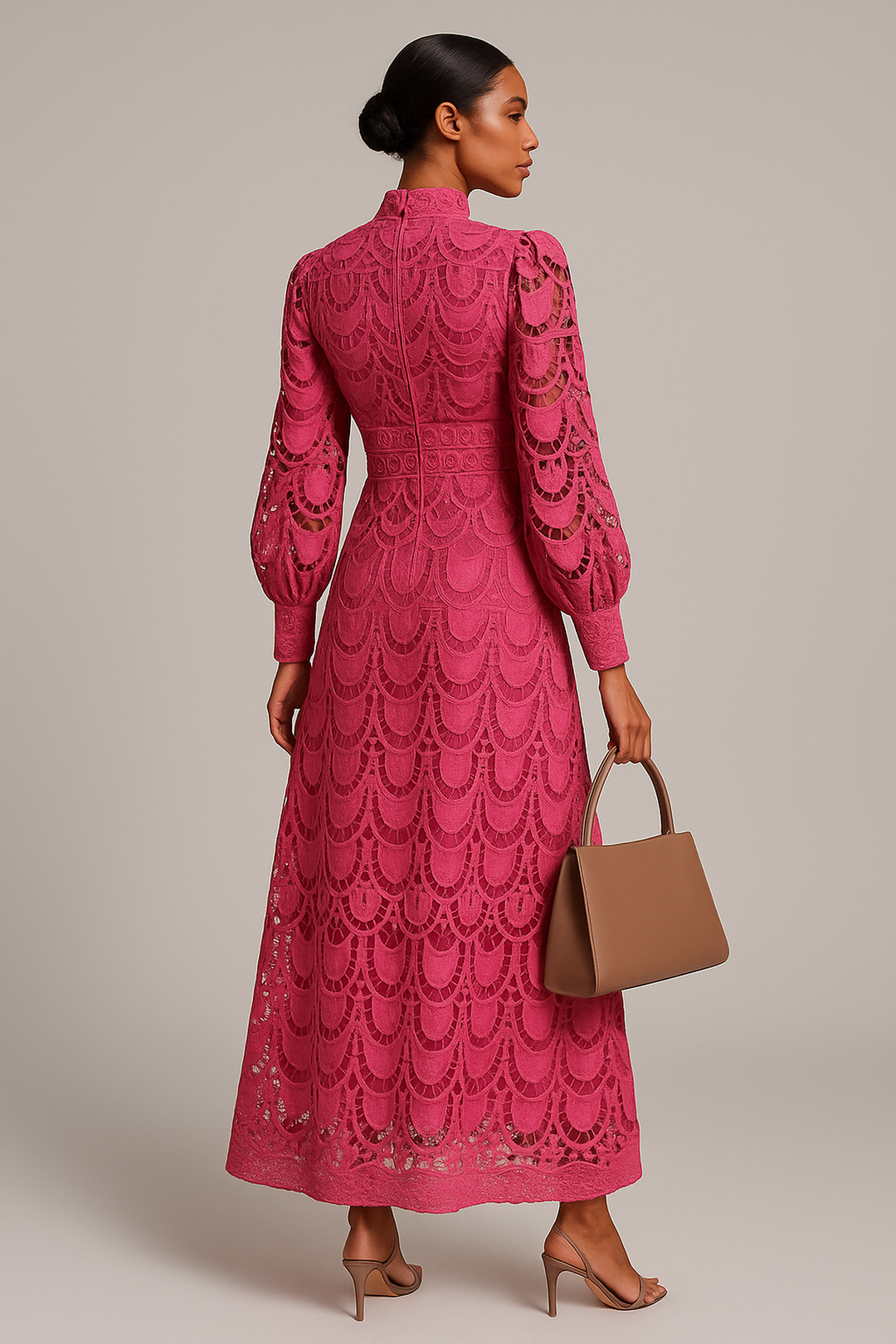 Métier Lace Embroidered Maxi Dress | High Collar | Lantern Sleeve