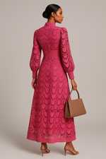 Load image into Gallery viewer, Métier Lace Embroidered Maxi Dress | High Collar | Lantern Sleeve
