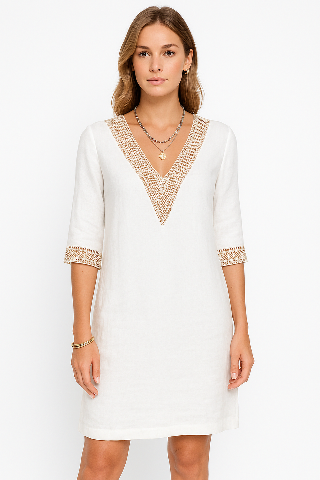 Linen Blend V-Neck Dress | Lace Trim | Knee Length