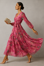 Load image into Gallery viewer, Clarté Printed V-Neck Maxi Dress | Long Sleeve | Self-Tie Waist
