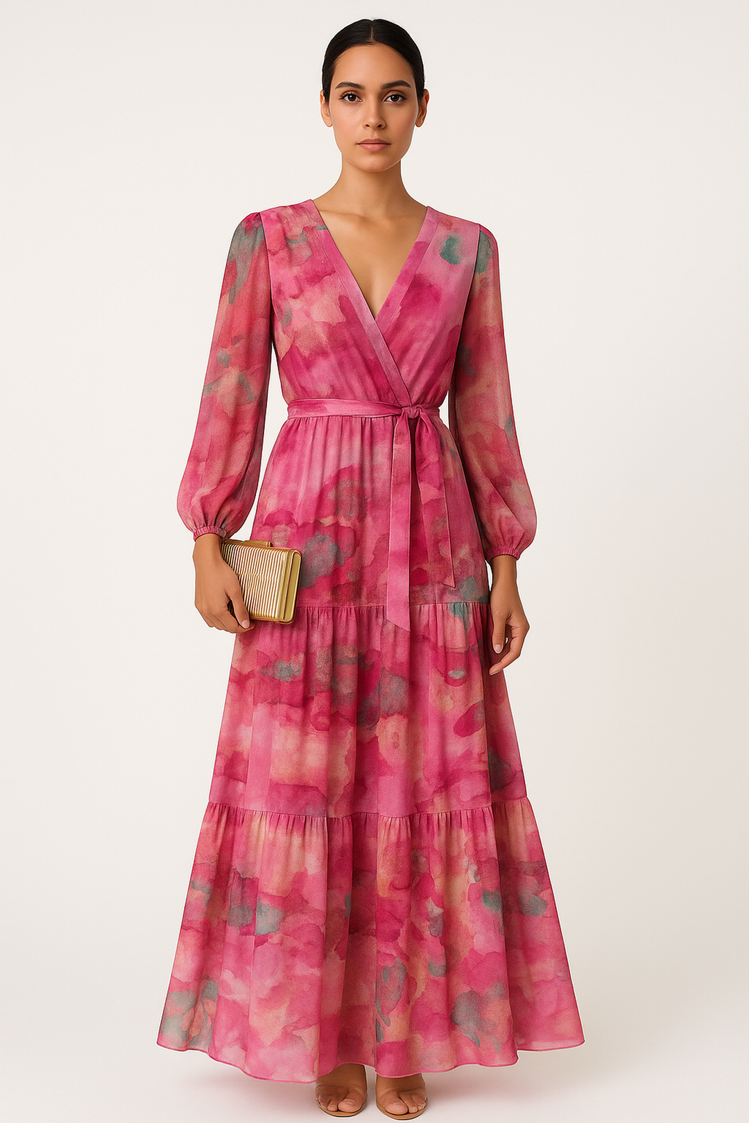 Clarté Printed V-Neck Maxi Dress | Long Sleeve | Self-Tie Waist