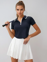 Load image into Gallery viewer, Contrast Collar Polo Top | Short Sleeve Zip Front
