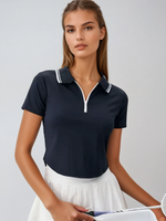 Load image into Gallery viewer, Contrast Collar Polo Top | Short Sleeve Zip Front

