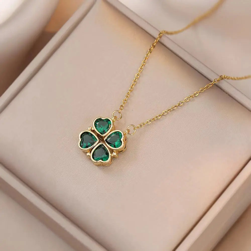 Collier Pendentif Trèfle | Zircon Vert Plaqué Or 14K