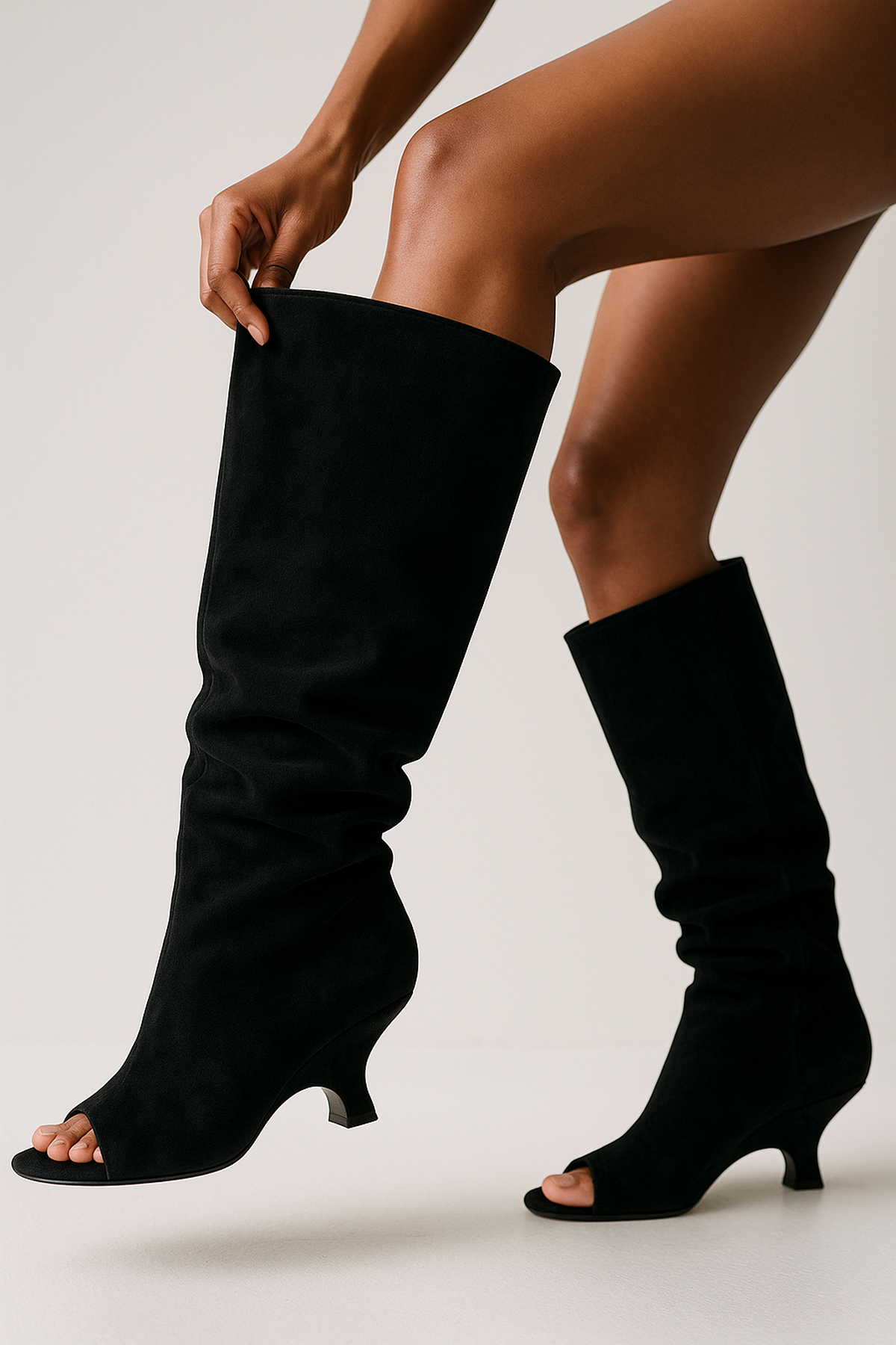 Bottes Hautes Peep-Toe Fondamentale | Faux Suede | Talons Sculptés