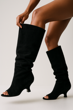 Load image into Gallery viewer, Fondamentale Peep-Toe Knee-High Boots | Faux Suede | Sculpted Heel

