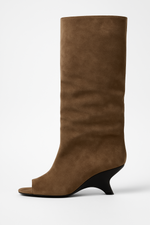 Load image into Gallery viewer, Fondamentale Peep-Toe Knee-High Boots | Faux Suede | Sculpted Heel
