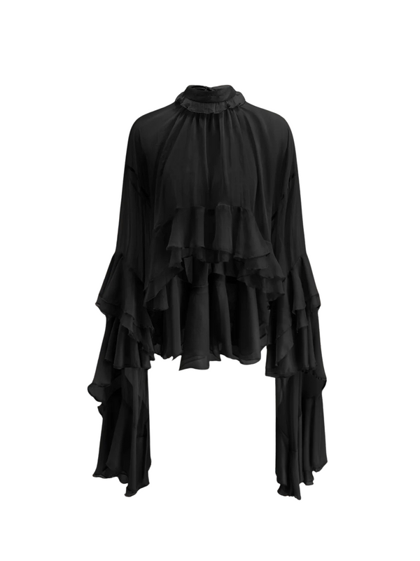 Ruffled Chiffon Blouse | High Neck and Flared Sleeves - Amouvelle