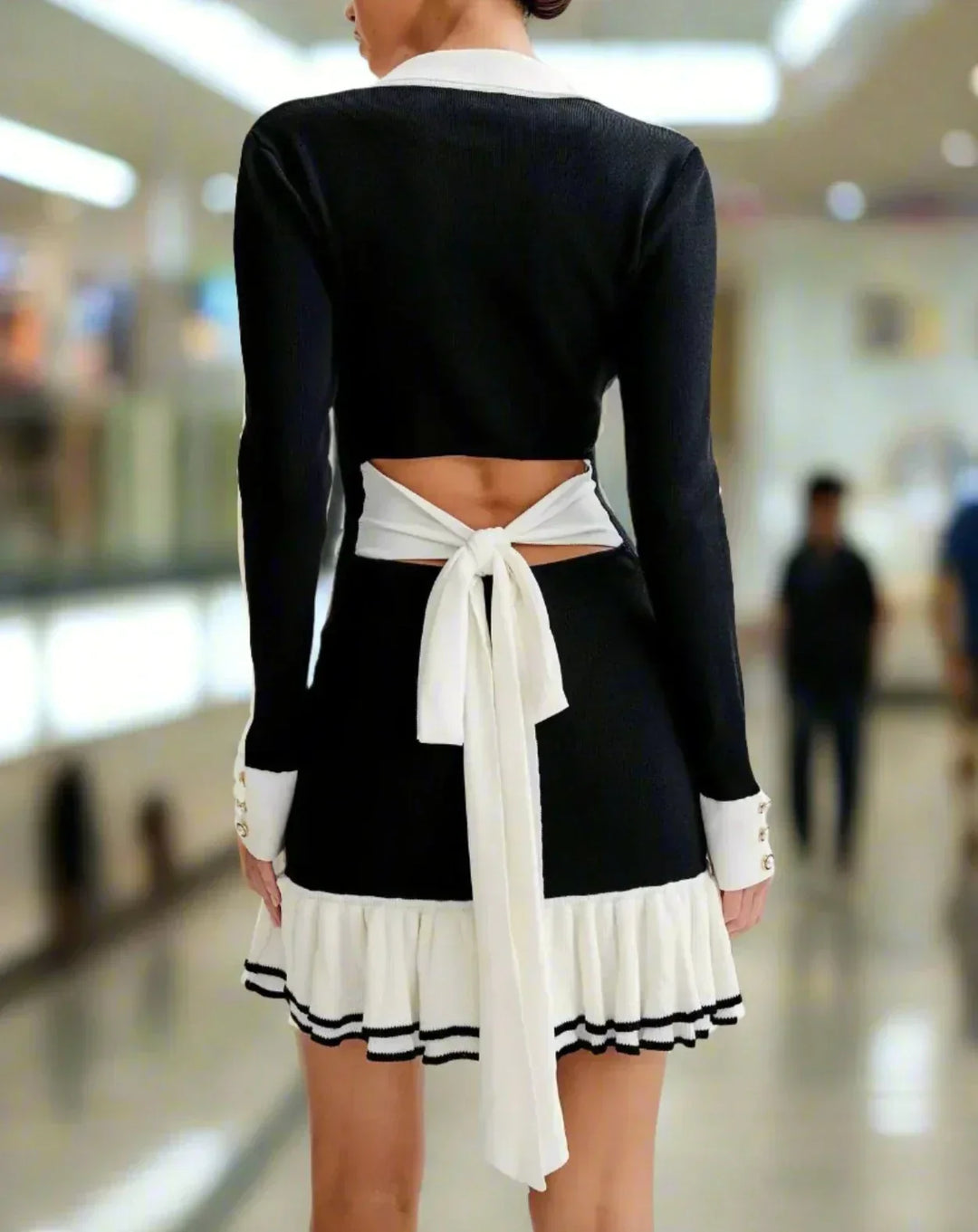 Contrast Knit Mini Dress | Slim Fit | Button Front | Ruffle Hem