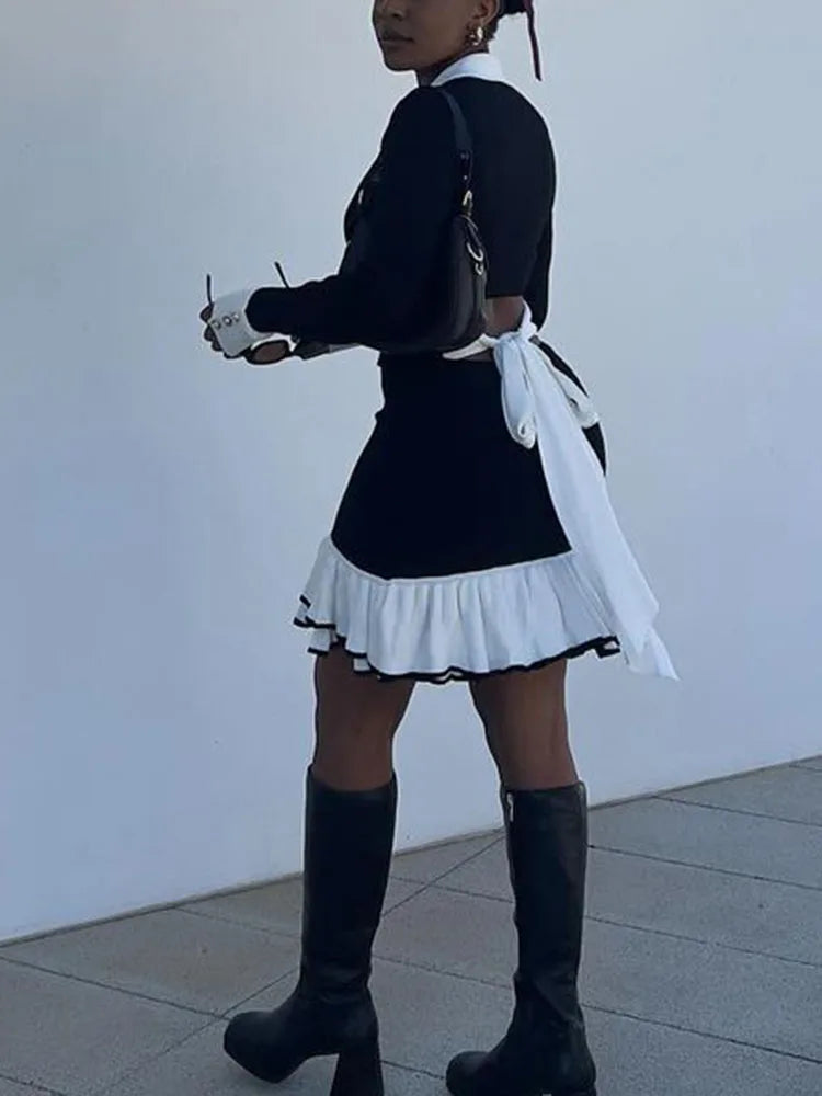 Contrast Knit Mini Dress | Slim Fit | Button Front | Ruffle Hem