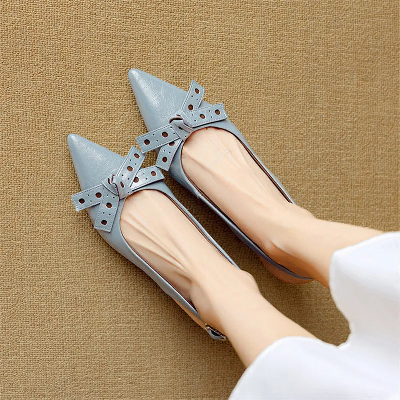 Pointed Toe Slingback Heels | Genuine Leather | Bow Detail