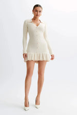 Load image into Gallery viewer, Contrast Knit Mini Dress | Slim Fit | Button Front | Ruffle Hem
