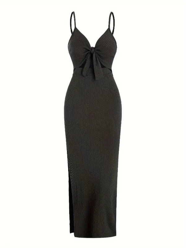 Maribel Tie Front Maxi Dress | Ribbed Slim Fit | Cutout Detail