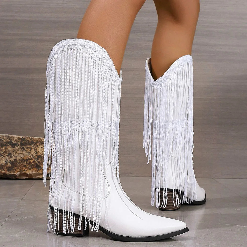 Lueur Fringe Mid-Calf Western Boots | Pointed Toe | Block Heel