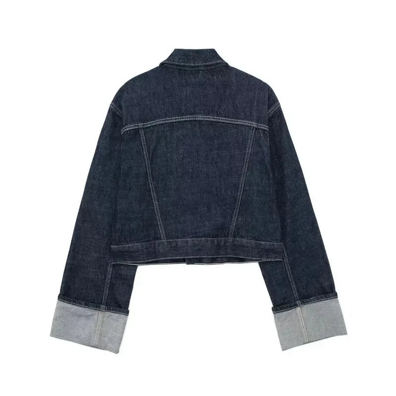 Cropped Denim Jacket | Structured Fit | Folded Cuff Detail - Amouvelle