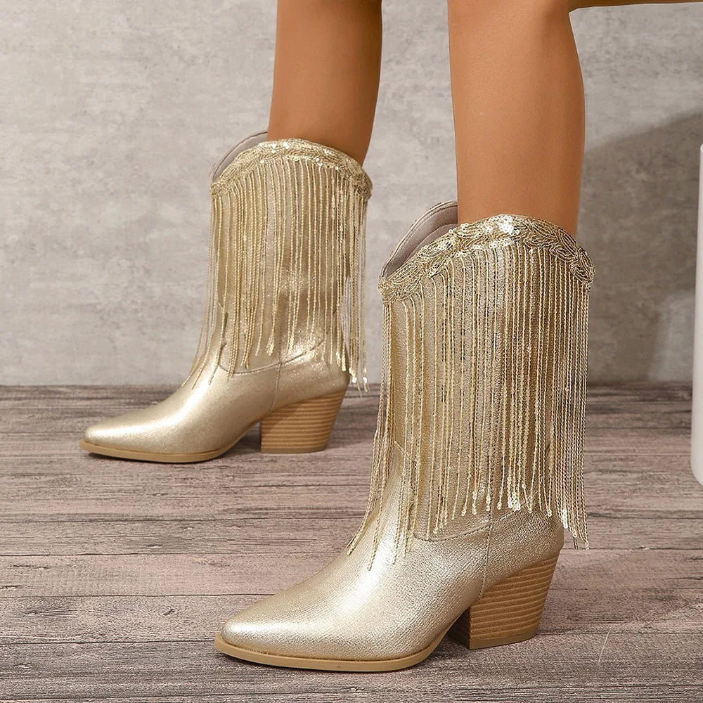 Bottes Western Fringe Mi-Mollet | Embout Pointu | Talon Bloc