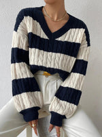 Load image into Gallery viewer, Striped Cable Knit V-Neck Sweater | Relaxed Fit Pullover
