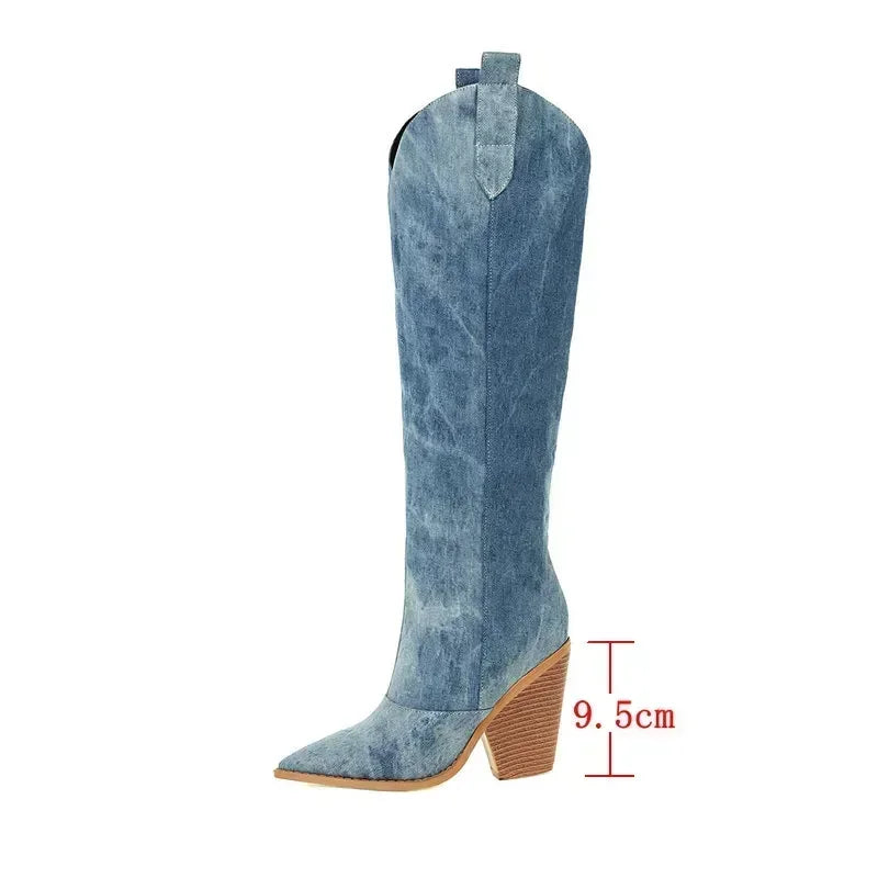 Bottes en denim hauteur genou | orteil pointu | talon bloc western