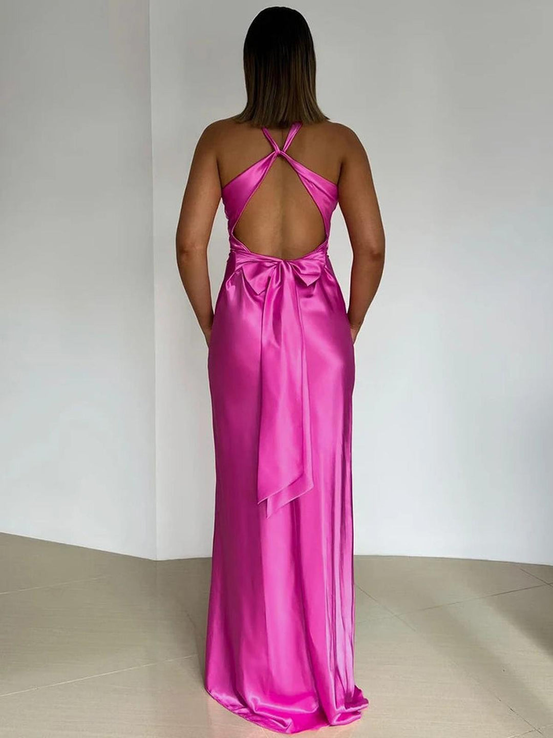 Clarté Satin Halter Neck Gown | Twist Front | Floor Length | Slim Fit
