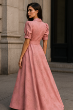 Load image into Gallery viewer, Satin Jacquard Shirt Maxi Dress | Belted Waist, Button Front, Puff Sleeves

