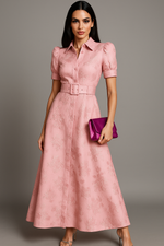 Load image into Gallery viewer, Satin Jacquard Shirt Maxi Dress | Belted Waist, Button Front, Puff Sleeves
