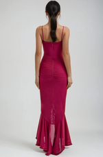 Load image into Gallery viewer, Lueur Ruffle Satin Maxi Dress | Spaghetti Straps, Waterfall Front, Train Hem
