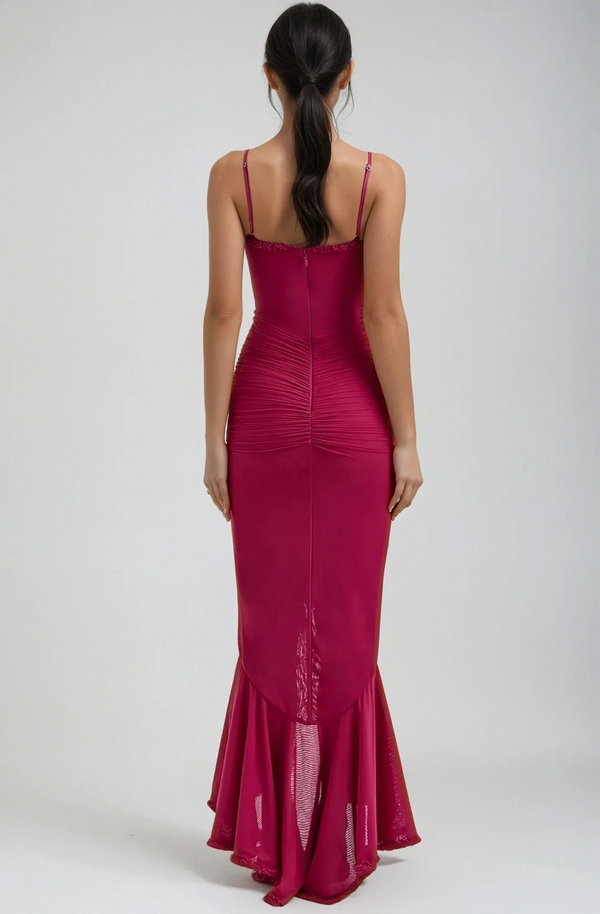 Lueur Ruffle Satin Maxi Dress | Spaghetti Straps, Waterfall Front, Train Hem