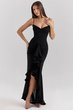 Load image into Gallery viewer, Lueur Ruffle Satin Maxi Dress | Spaghetti Straps, Waterfall Front, Train Hem
