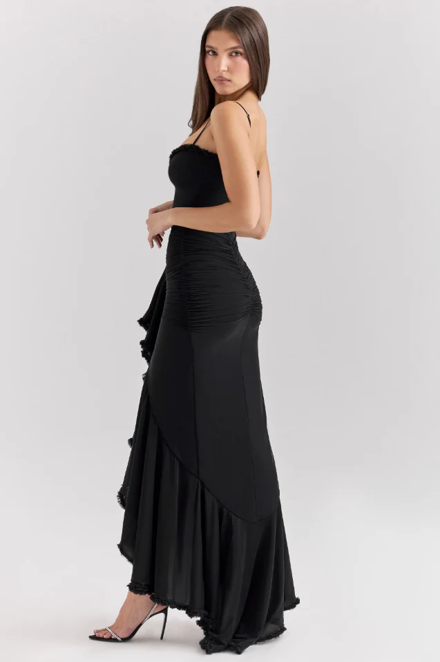 Lueur Ruffle Satin Maxi Dress | Spaghetti Straps, Waterfall Front, Train Hem