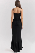 Load image into Gallery viewer, Lueur Ruffle Satin Maxi Dress | Spaghetti Straps, Waterfall Front, Train Hem
