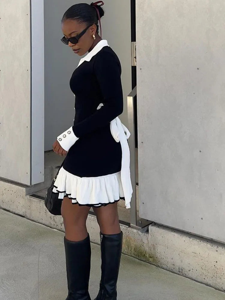 Contrast Knit Mini Dress | Slim Fit | Button Front | Ruffle Hem