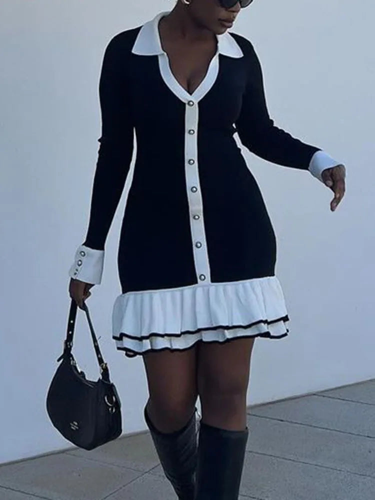 Contrast Knit Mini Dress | Slim Fit | Button Front | Ruffle Hem