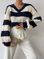 Load image into Gallery viewer, Striped Cable Knit V-Neck Sweater | Relaxed Fit Pullover
