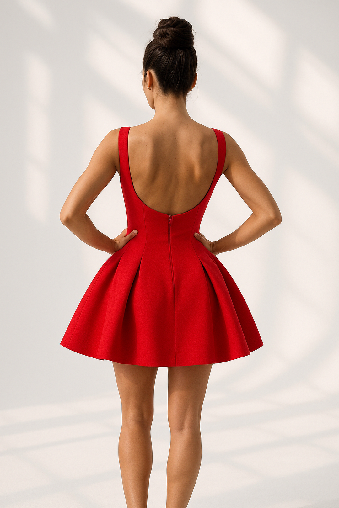 Sleeveless Mini Dress | Boat Neck | High Waist Pleated Skirt