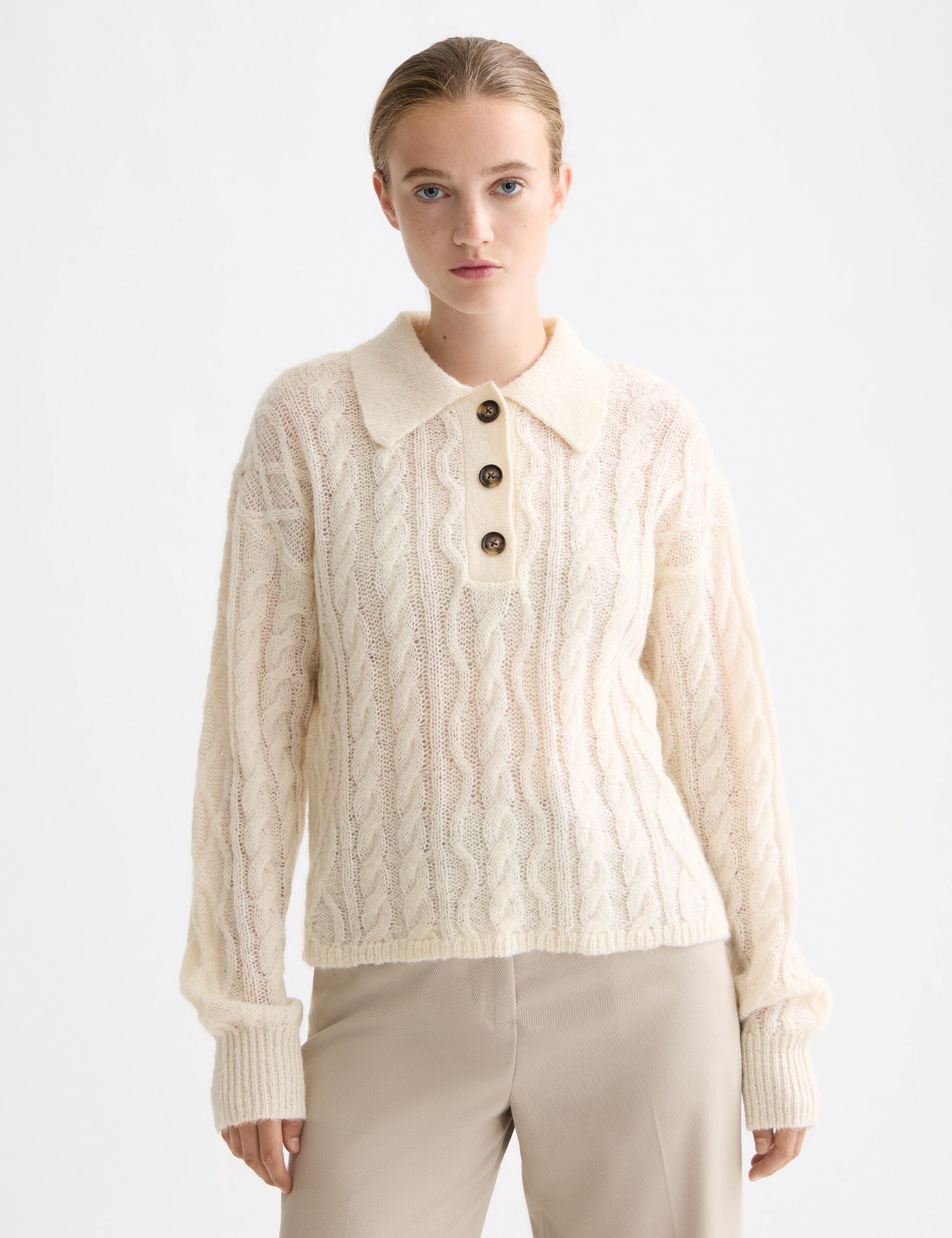 Pull en Maille Cable | Mélange Mohair et Laine | Col Polo