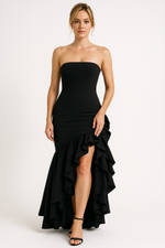 Load image into Gallery viewer, Strapless Ruffle Maxi Dress | High Slit and Bodycon Fit
