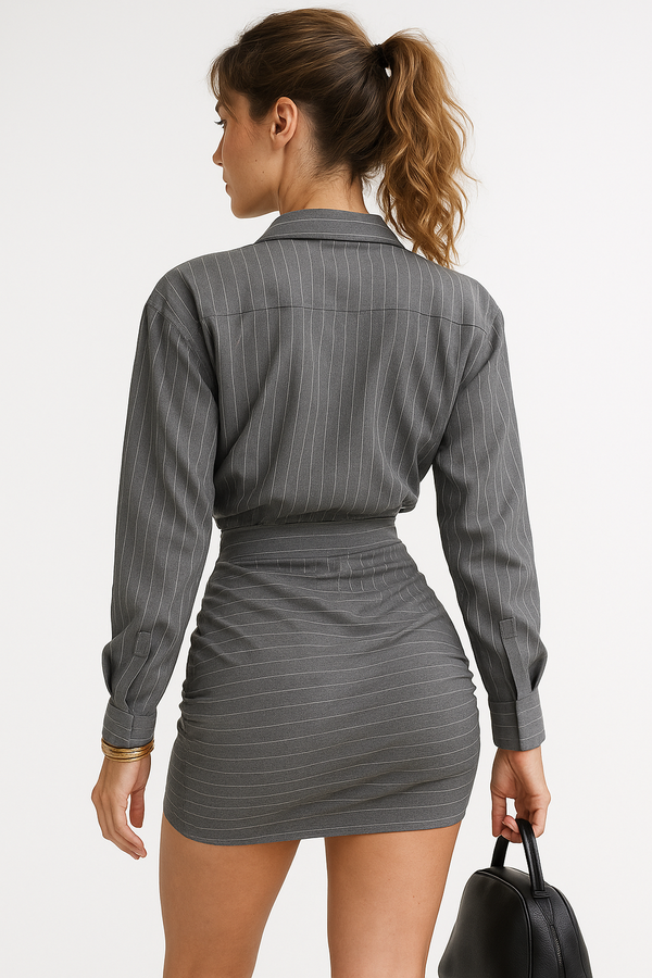 Pinstripe Shirt and Mini Skirt Set | Relaxed Top | Ruched Skirt