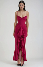 Load image into Gallery viewer, Lueur Ruffle Satin Maxi Dress | Spaghetti Straps, Waterfall Front, Train Hem
