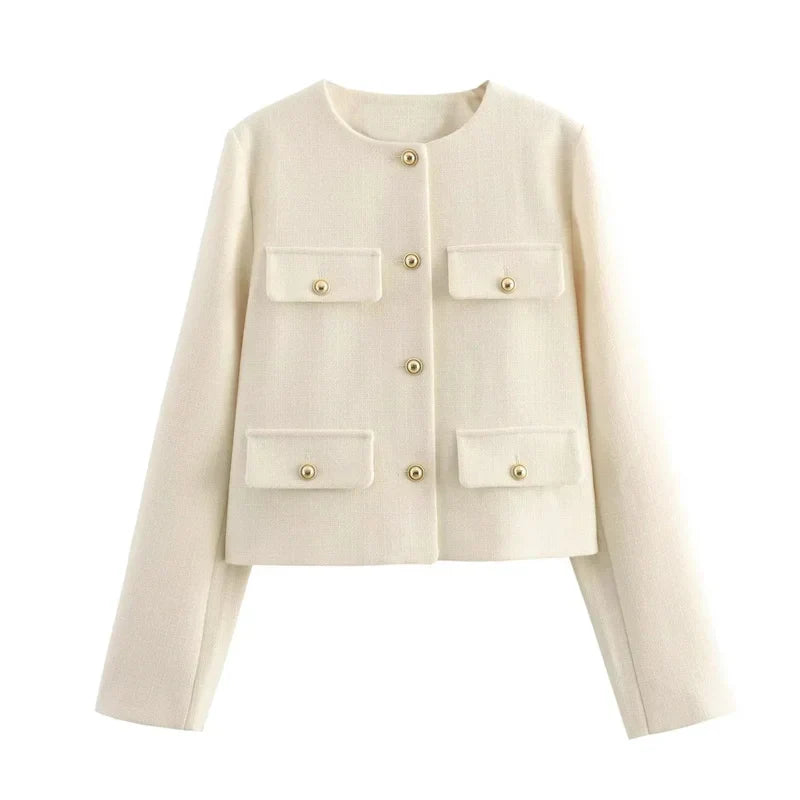 Veste Cropped Femme | Détail Bouton Or | Polyester Structuré