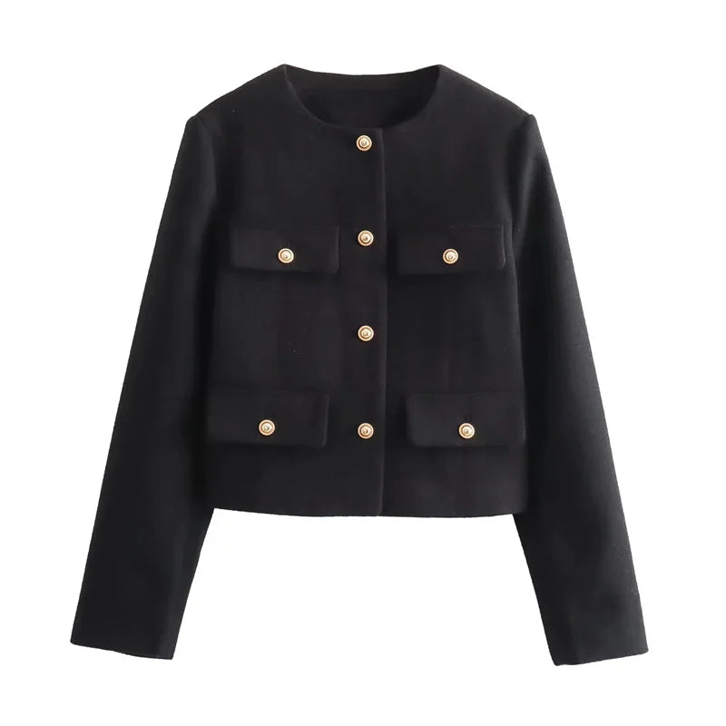 Women’s Cropped Jacket | Gold Button Detail | Structured Polyester Blend