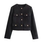 Load image into Gallery viewer, Women’s Cropped Jacket | Gold Button Detail | Structured Polyester Blend
