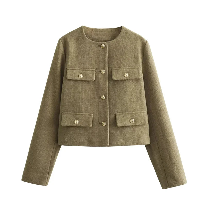Women’s Cropped Jacket | Gold Button Detail | Structured Polyester Blend