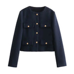 Load image into Gallery viewer, Women’s Cropped Jacket | Gold Button Detail | Structured Polyester Blend
