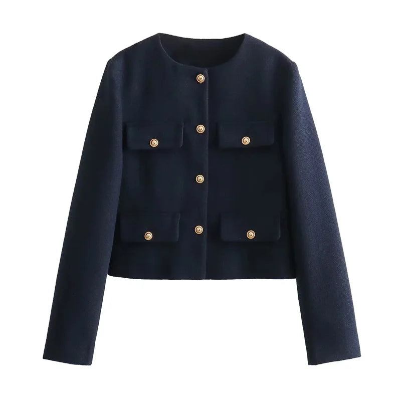 Veste Cropped Femme | Détail Bouton Or | Polyester Structuré