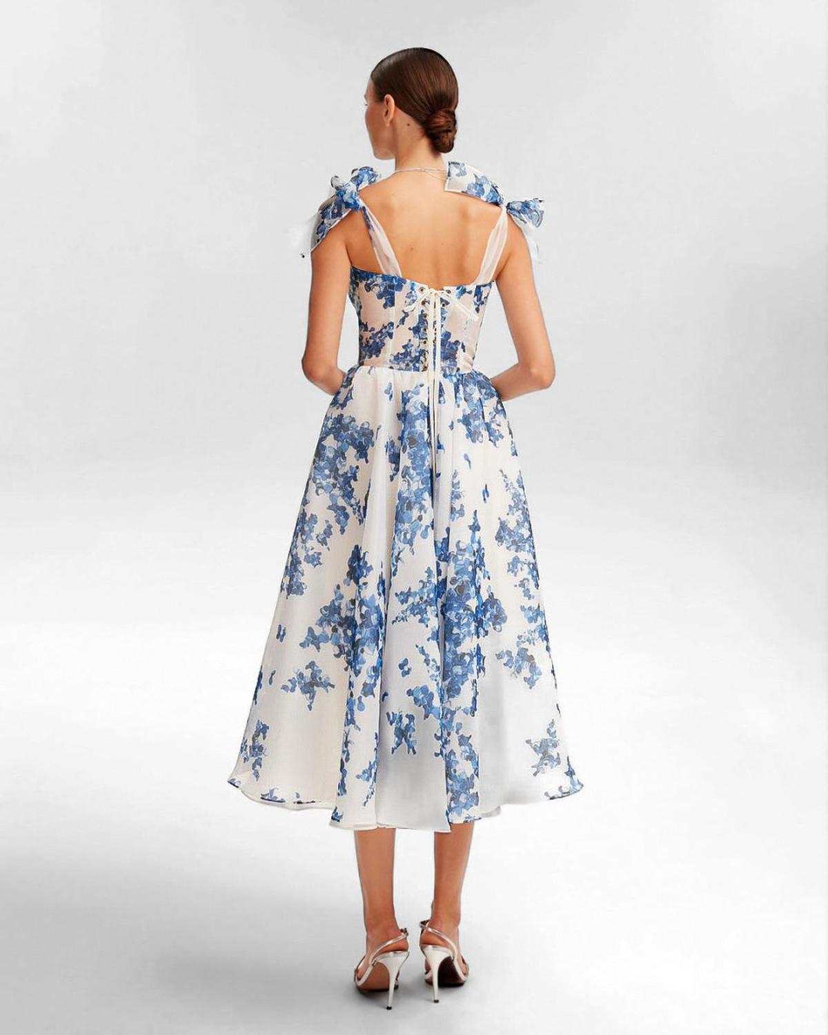 Robe Midi Organza Florale | Col Sweetheart | Bretelles Fines | Été