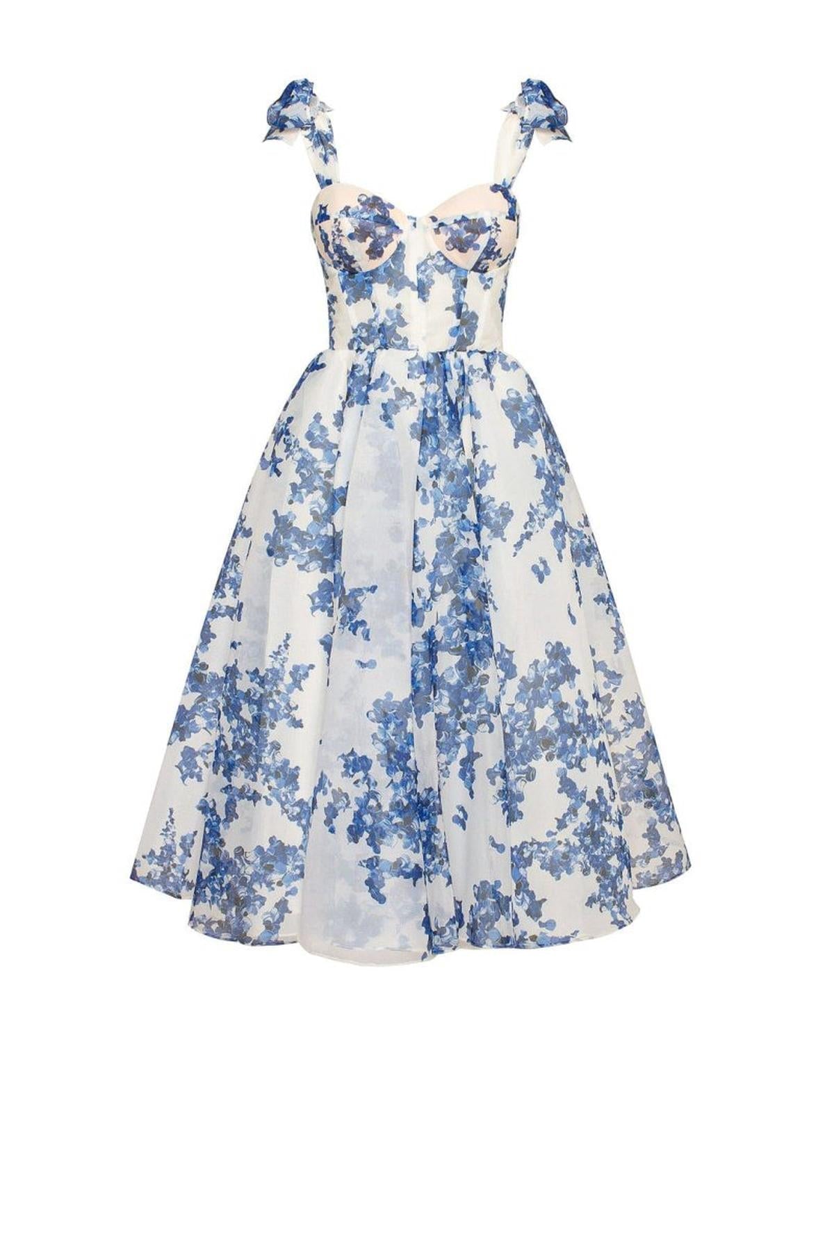 Robe Midi Organza Florale | Col Sweetheart | Bretelles Fines | Été