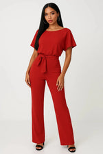 Load image into Gallery viewer, Wide Leg Short Sleeve Jumpsuit | Waist Tie | Boat Neck | Regular Fit
