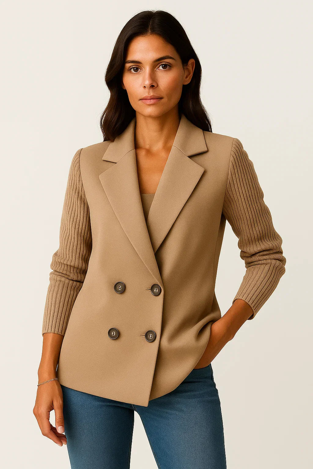 Métier Knit-Sleeve Blazer | Double-Breasted Wool Blend